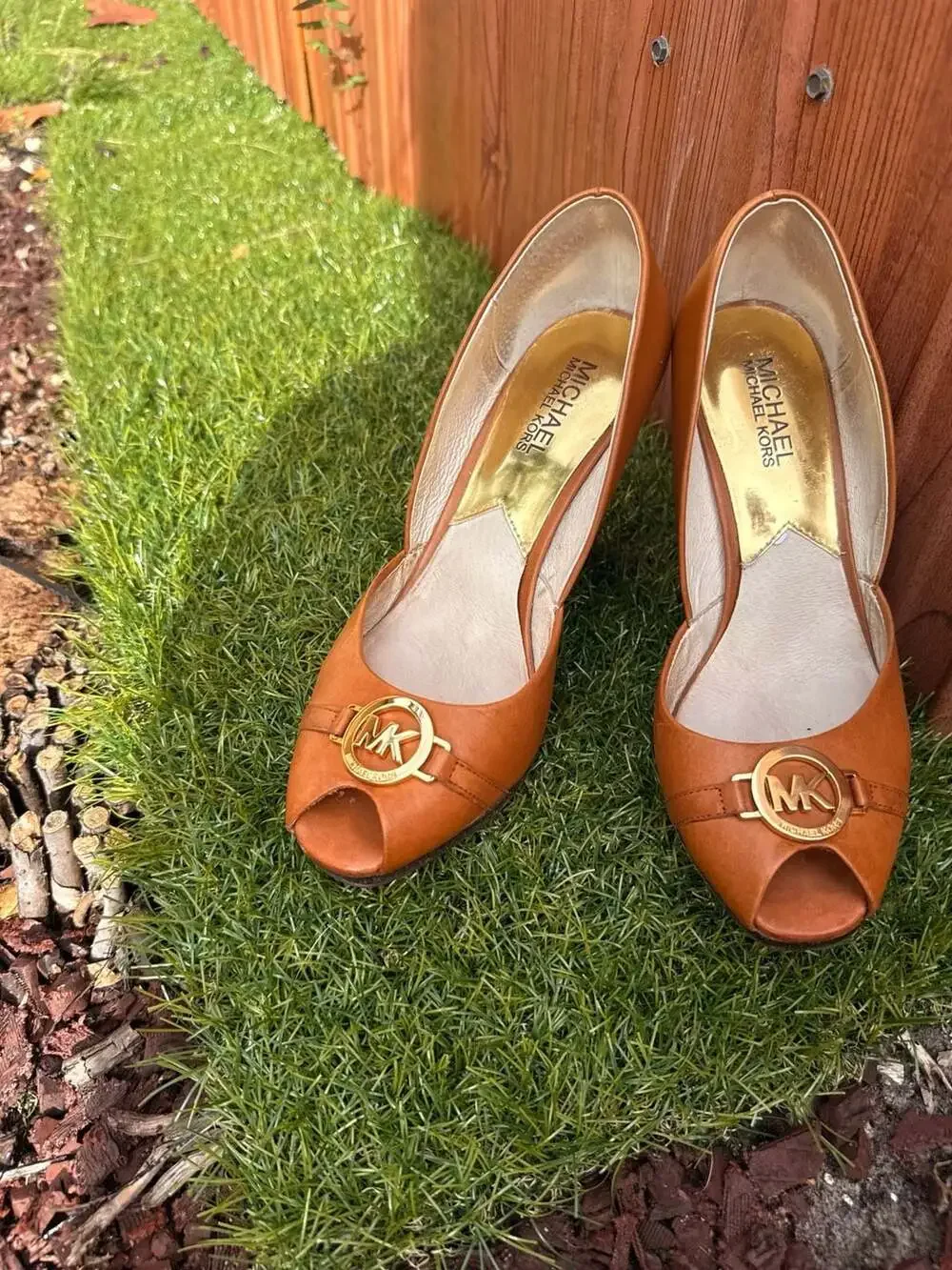 Michael Kors Tan Leather Peep Toe Wedge Heels with Gold MK Logo Accent